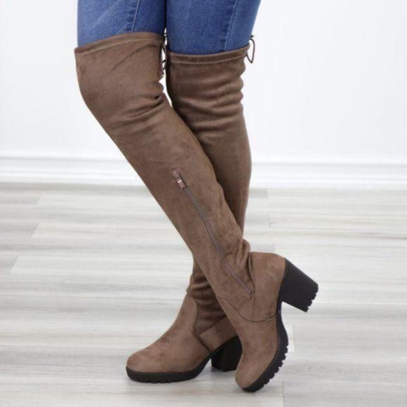 Taupe Thigh High Suede Boots Lug Chunky Heel - Picture 3 of 15